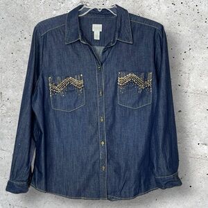 Chico's Button Down Embellished Collared Blue Denim Western Shirt Women's XL (3)